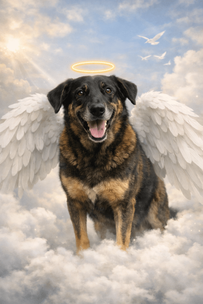 Foto do Orelha com asinhas e auréola, simbolizando sua jornada como um anjo da proteção animal e a luta contra os maus-tratos