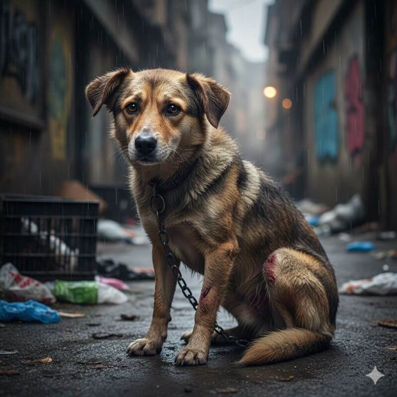 Olhar de um animal vítima de maus-tratos, em busca de compaixão e cuidado - proteção animal